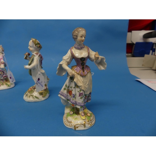 175 - A 19th century Meissen porcelain figure of a Lady, in bodice and floral skirts, on scroll base, blue... 