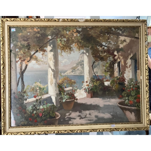 203 - 20thC Continental School, View from a columned terrace over an Italian (?) lake, oil on canvas, unsi... 