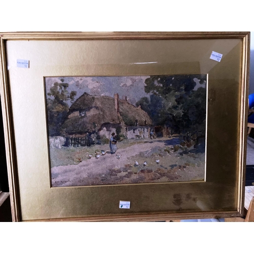 204 - Ethel Hall (Early 20thC) Watercolour, depicting a countryside scene with a woman feeding the chicken... 