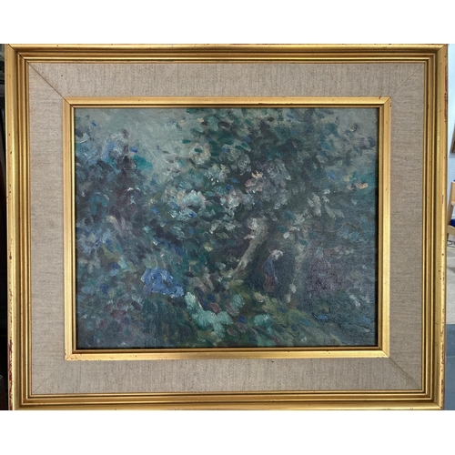 211 - In the manner of Lucien Pissarro (20th century), Blossoming trees, oil on board, signed 'L.P.' lowe... 
