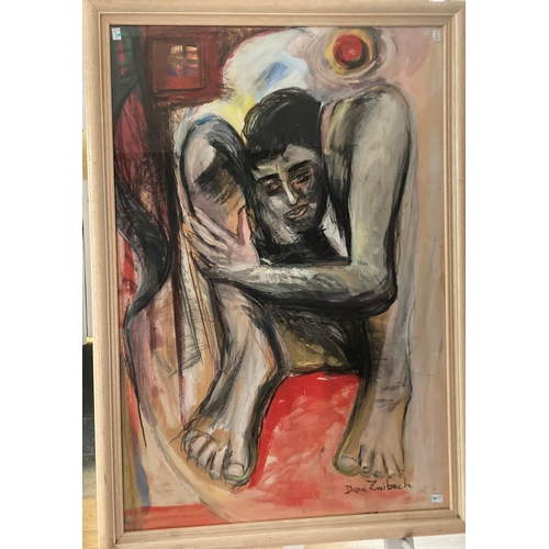 212 - Diana Zwibeck, Crouching figure, mixed media, signed, 40in x 27½in (102cm x 70cm), framed.