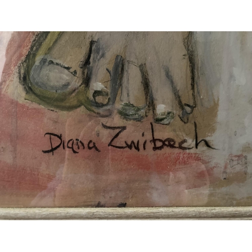 212 - Diana Zwibeck, Crouching figure, mixed media, signed, 40in x 27½in (102cm x 70cm), framed.