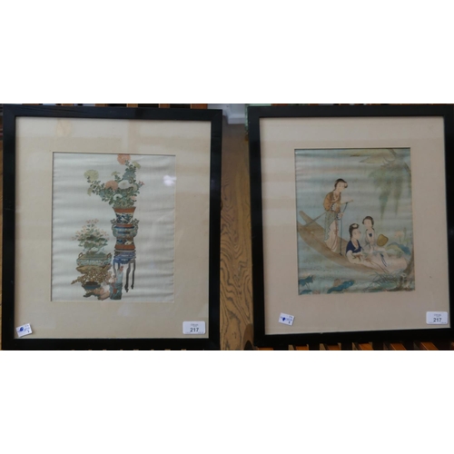 217 - A set of six early 20thC Chinese printed silk Pictures, depicting traditional Chinese rural lake lan... 