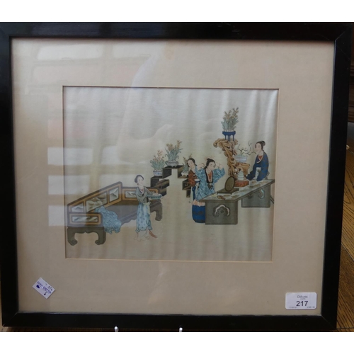 217 - A set of six early 20thC Chinese printed silk Pictures, depicting traditional Chinese rural lake lan... 