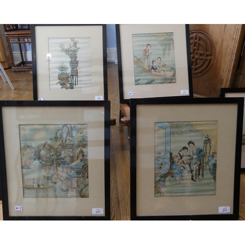 217 - A set of six early 20thC Chinese printed silk Pictures, depicting traditional Chinese rural lake lan... 