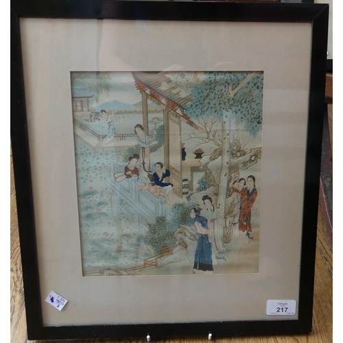 217 - A set of six early 20thC Chinese printed silk Pictures, depicting traditional Chinese rural lake lan... 