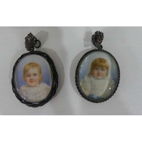 218 - A near pair of early Victorian Portrait Miniatures of children, with fair hair and white dresses, wa... 