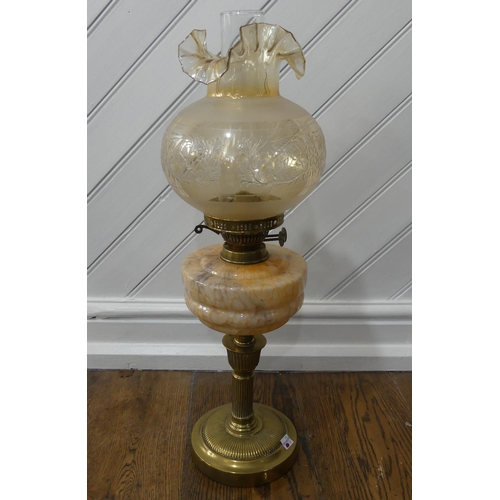 304 - A late Victorian brass and glass Oil Lamp, of fluted column form with marbled glass reservoir, etche... 