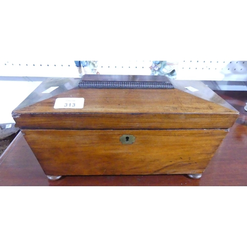 313 - A Georgian rosewood Tea Caddy, of sarcophagus form, with two lidded canisters, on bun feet, 12in (30... 