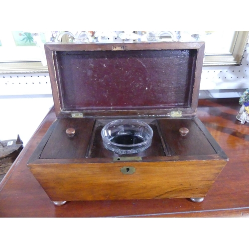 313 - A Georgian rosewood Tea Caddy, of sarcophagus form, with two lidded canisters, on bun feet, 12in (30... 