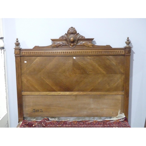 341 - An antique French carved walnut double Bedstead, the head and base boards with quarter-veneer detail... 