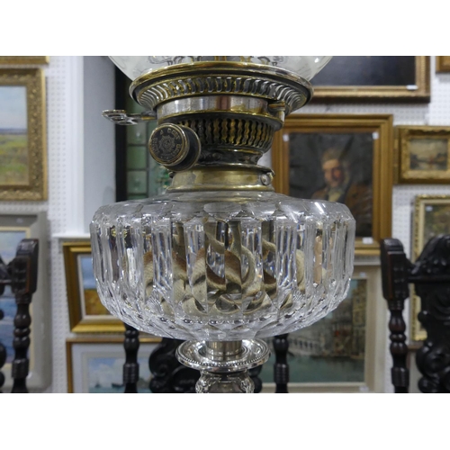 408 - An Edwardian silver-plated Oil Lamp, by Walker & Hall, formed as a square fluted column with chased ... 