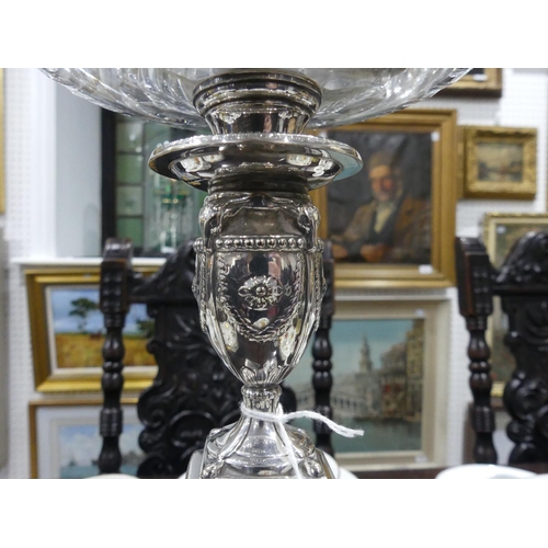 408 - An Edwardian silver-plated Oil Lamp, by Walker & Hall, formed as a square fluted column with chased ... 