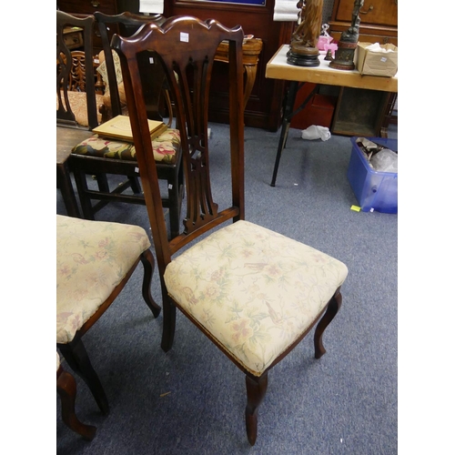 410 - A set of four Edwardian mahogany-framed Parlour Chairs, the pierced back-splat above a stuff-over se... 