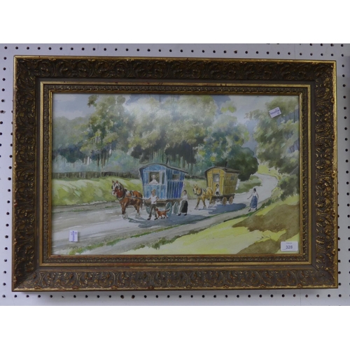 412 - William Arnold, mid 20thC Watercolour, depicting two gypsy caravans with their owners, signed bottom... 