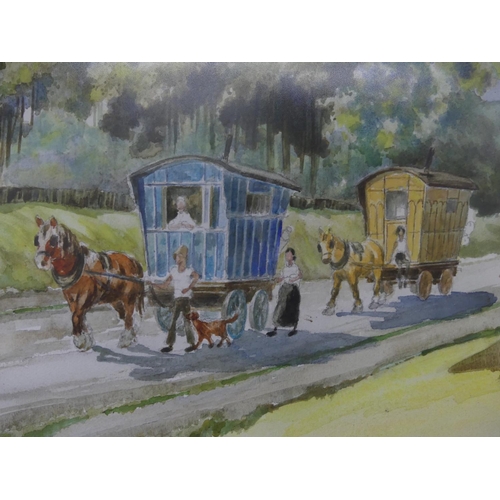 412 - William Arnold, mid 20thC Watercolour, depicting two gypsy caravans with their owners, signed bottom... 