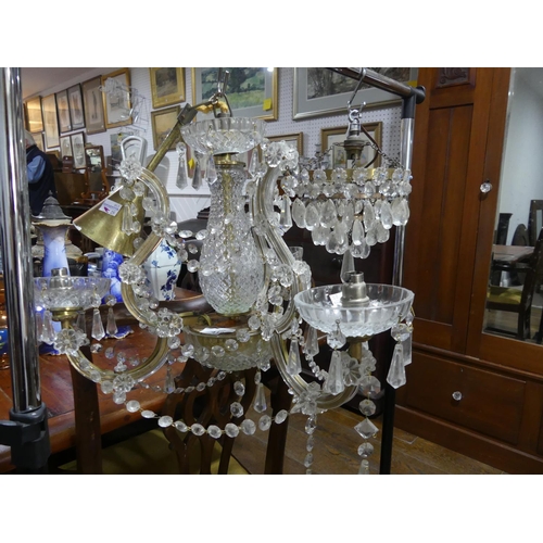 419 - A mid 20thC brass and crystal three-branch Chandelier, together with a three tier circular brass and... 