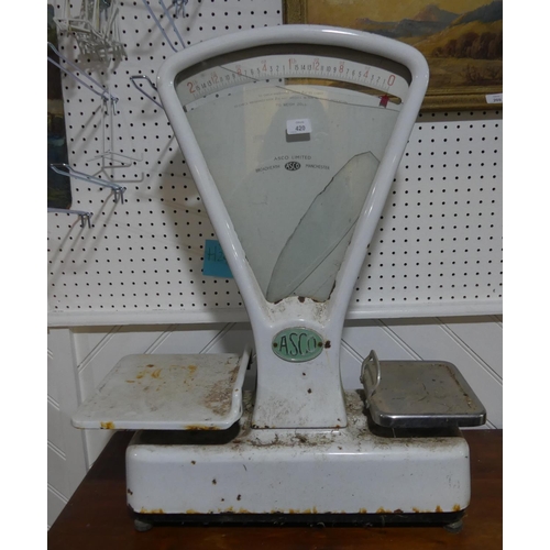 420 - A set of vintage ASCO Shop Scales, 25½in (65cm) wide, 31½in (80cm) high, glass broken on one side of... 