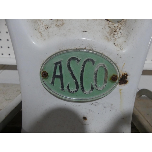 420 - A set of vintage ASCO Shop Scales, 25½in (65cm) wide, 31½in (80cm) high, glass broken on one side of... 