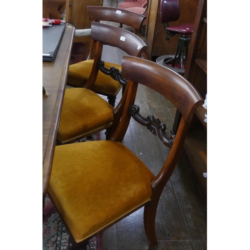 428 - A set of six Victorian mahogany Dining Chairs, each with yoke back and carved mid-rail, stuff-over s... 