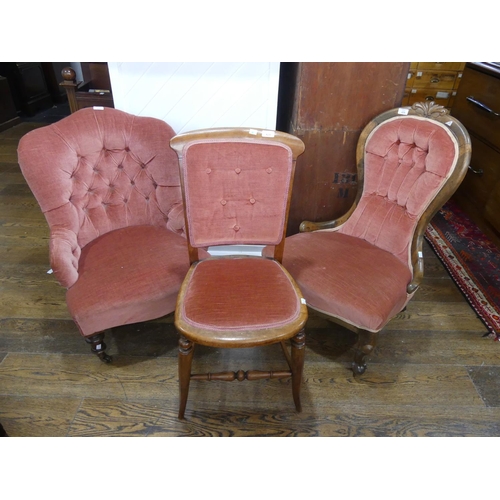 429 - A Victorian walnut balloon-back Nursing Chair, upholstered in pink button-back damask, together with... 