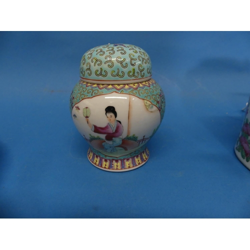 73 - A quantity of Chinese famille rose Porcelain, including two teapots, lacking covers, miniature jars,... 