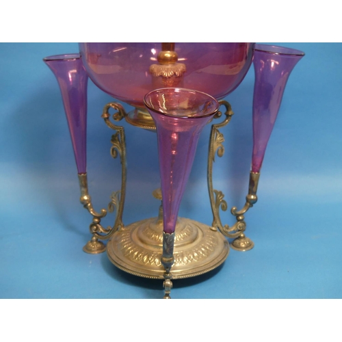 80 - An Edwardian cranberry glass and silver plated Epergne, with a central trumpet vase and bowl surroun... 