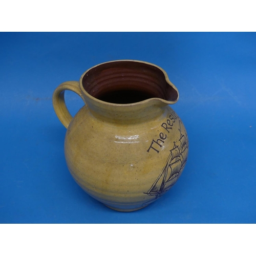 83 - A Harry Juniper of Bideford Brannam Pottery Jug, yellow glaze in brown sgrafitto decoration with a t... 