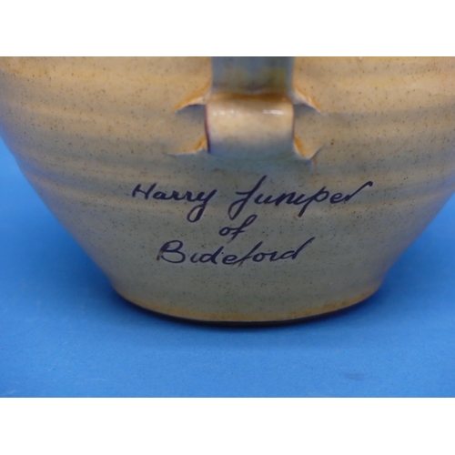 83 - A Harry Juniper of Bideford Brannam Pottery Jug, yellow glaze in brown sgrafitto decoration with a t... 