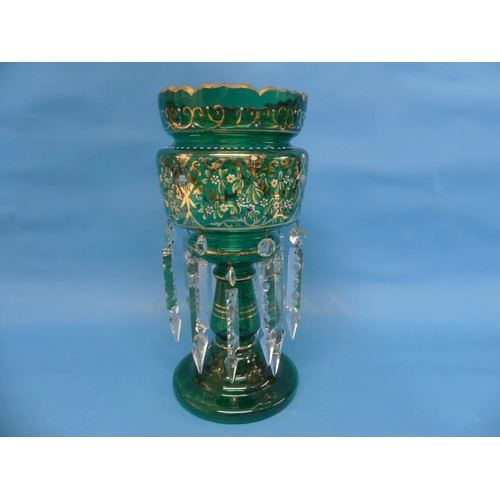 88 - A Victorian castle-topped green glass Lustre, painted in coloured enamels and gilt with floral decor... 