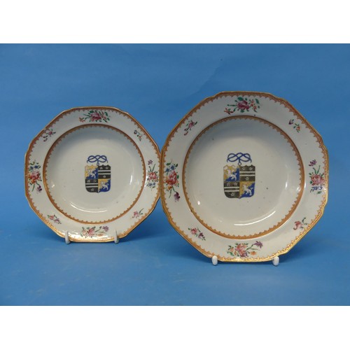 42 - A pair of 18thC Chinese Export Armorial Porcelain Plates, of octagonal form, banded with red and gil... 