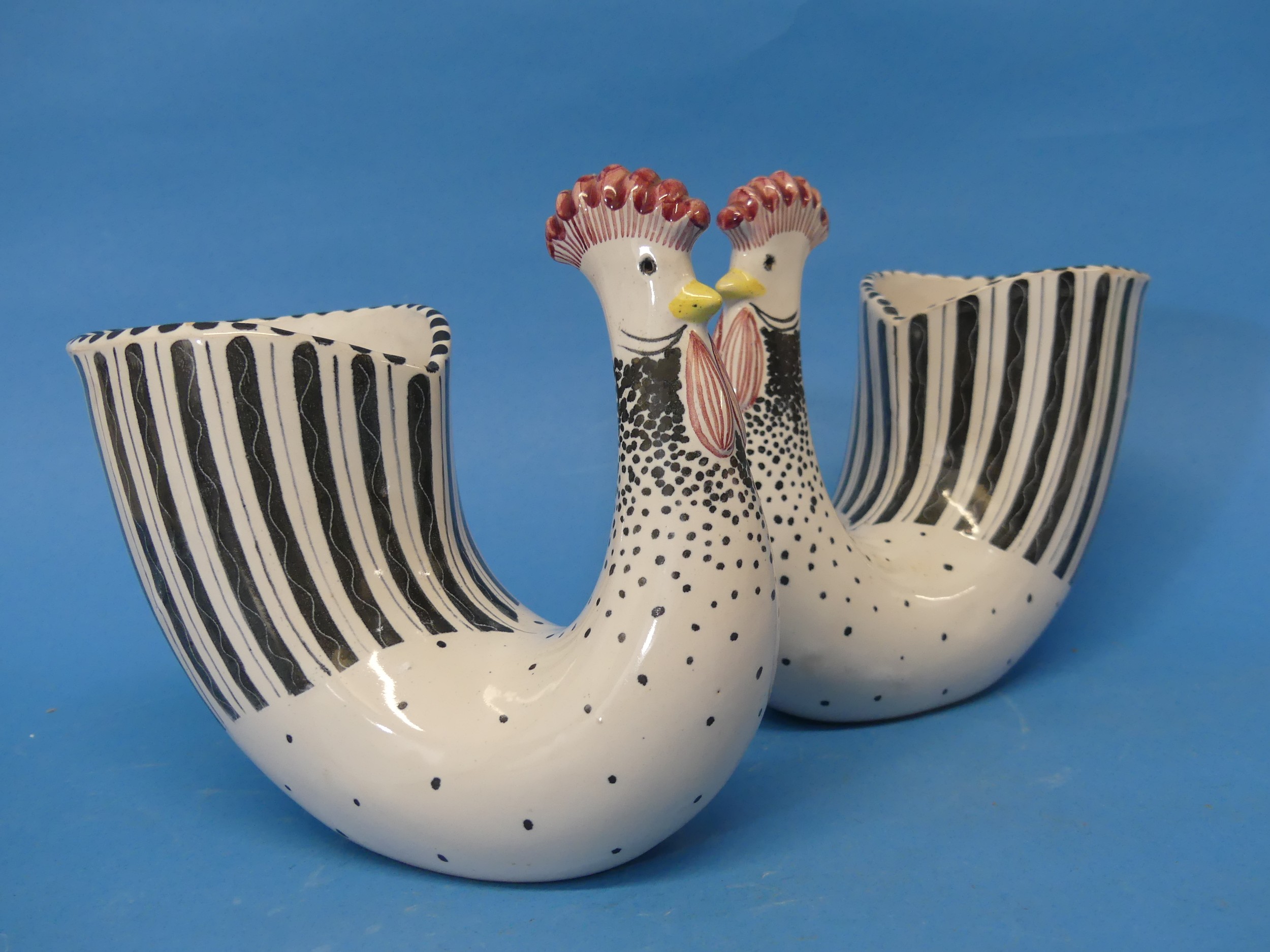 A pair of Rye Pottery Cockerel Vases, decorated in black and white