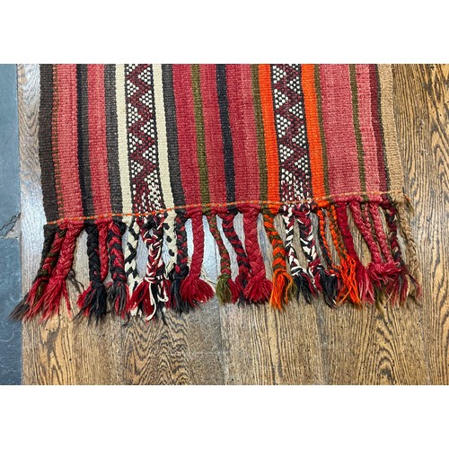 279 - Tribal Rugs: an old Kilim Runner, 100% wool, woven with stripes in subtle colours - plum, dusky red,... 