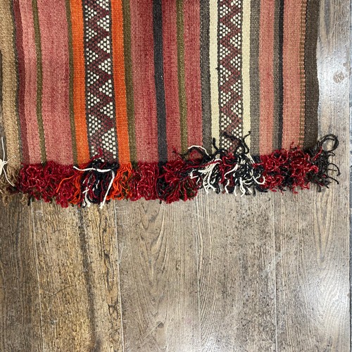 279 - Tribal Rugs: an old Kilim Runner, 100% wool, woven with stripes in subtle colours - plum, dusky red,... 