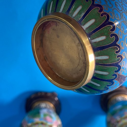 88 - A pair of 20thC Cloisonné baluster Vases, the lids surmounted with kylins, raised on hardwood stands... 