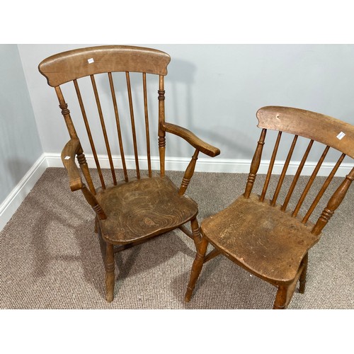 334 - Five 19thC provincial ash and elm Kitchen Chairs, including one carver, together with a 19thC ash an... 