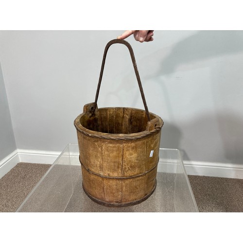 337 - An antique wooden Milking Pail, 72cm x 72cm (excluding handle), together with an iron ladle, sprung ... 