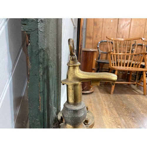 343 - A 19thC standing brass and iron hand-operated Water Pump, on green painted back board, H 155cm x W31... 