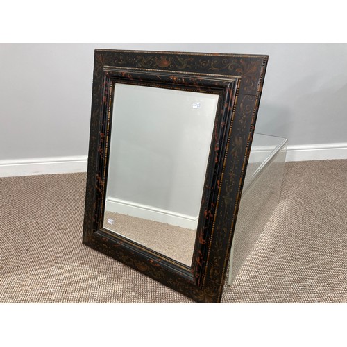 350 - An antique rectangular beveled edge Wall Mirror, with decorative black lacquer frame, H 81cm x W 66c... 