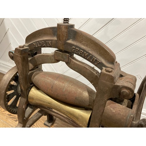 356 - An antique cobblers leather roller mangle by Gustav Rafflenbeul Schwelm, W 53cm x H 70cm x D 48cm.... 