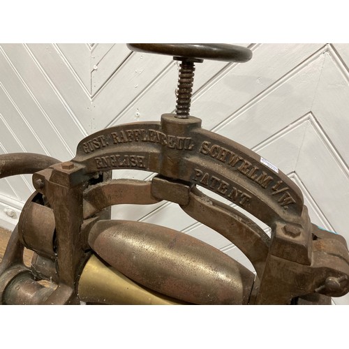 356 - An antique cobblers leather roller mangle by Gustav Rafflenbeul Schwelm, W 53cm x H 70cm x D 48cm.... 