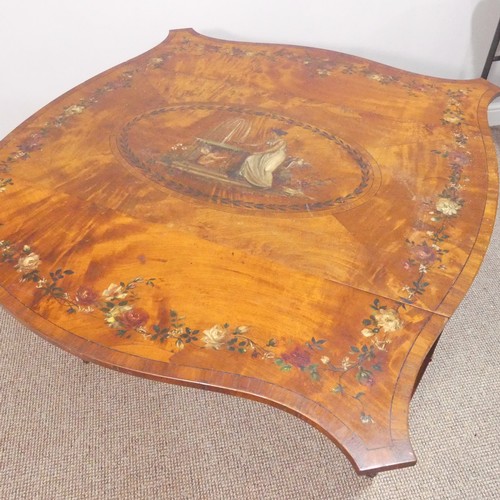 358 - An Edwardian Sheraton revival satinwood and painted Pembroke Table, the quarter-veneered serpentine-... 