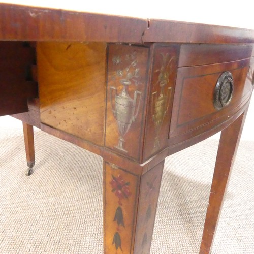 358 - An Edwardian Sheraton revival satinwood and painted Pembroke Table, the quarter-veneered serpentine-... 