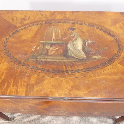 358 - An Edwardian Sheraton revival satinwood and painted Pembroke Table, the quarter-veneered serpentine-... 