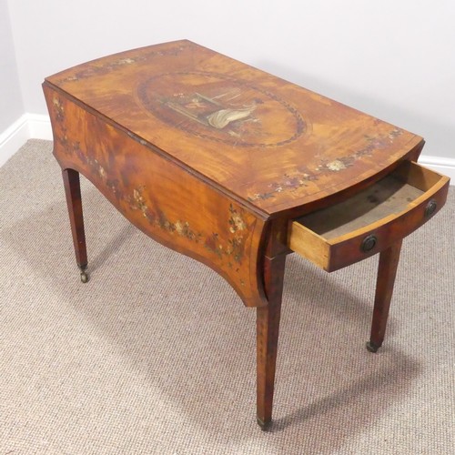 358 - An Edwardian Sheraton revival satinwood and painted Pembroke Table, the quarter-veneered serpentine-... 