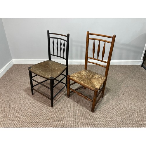 360 - Two Sussex-style chairs, each spindle back with rush seats, together with another Sussex-style arm c... 