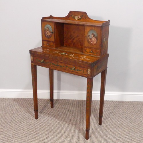 373 - An Edwardian Sheraton revival satinwood and painted Ladies Desk, the whole hand-painted in a classic... 