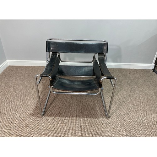 378 - A Marcel Breuer Wassily style Chair in black leather and chrome, W 79cm x H 72.5cm x D 71cm... 