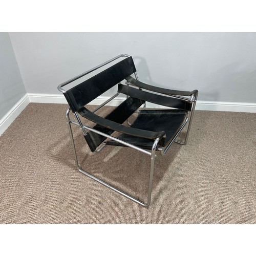 378 - A Marcel Breuer Wassily style Chair in black leather and chrome, W 79cm x H 72.5cm x D 71cm... 