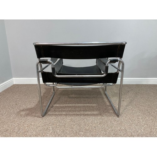 378 - A Marcel Breuer Wassily style Chair in black leather and chrome, W 79cm x H 72.5cm x D 71cm... 